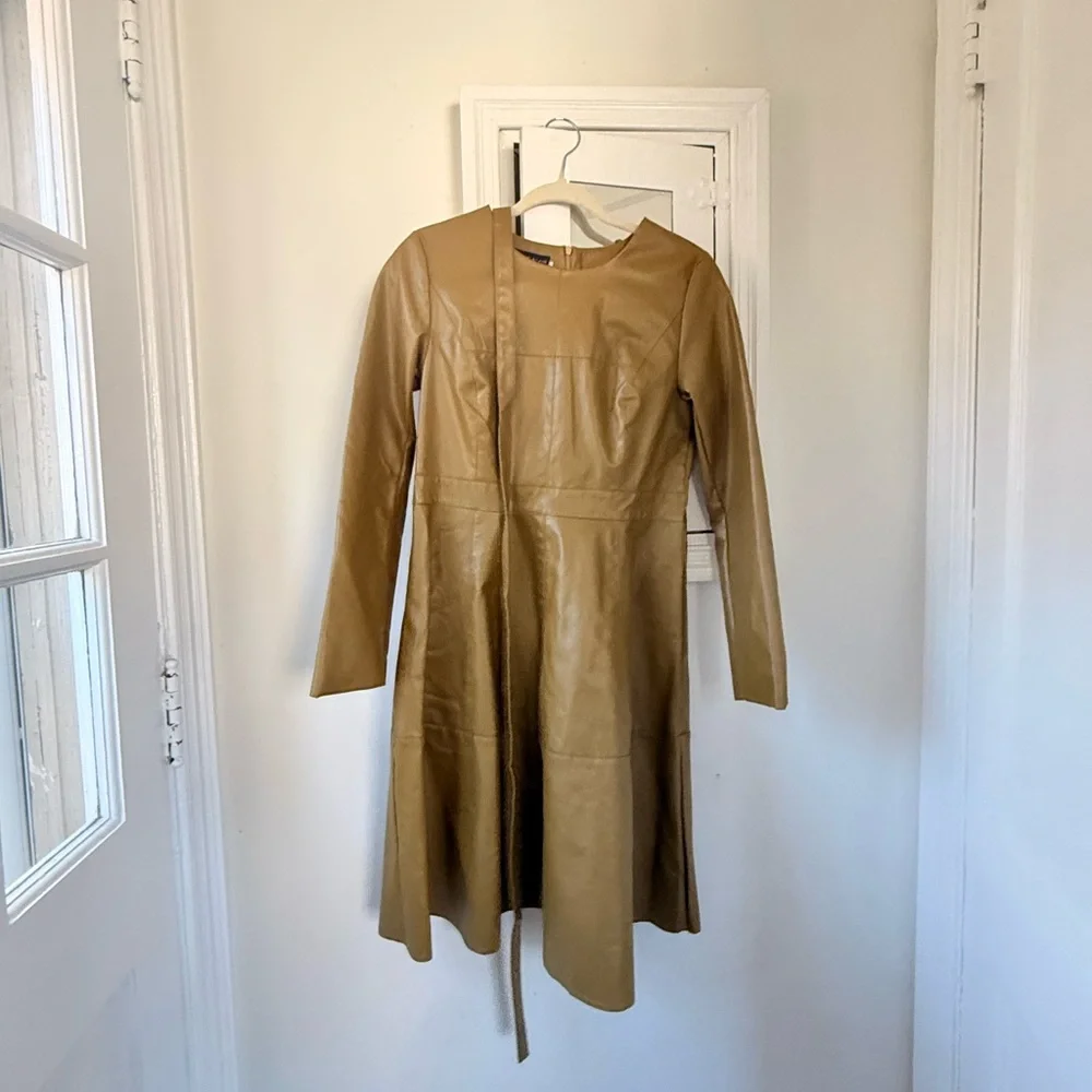 tan faux leather dress End Of Discussion Caramel Brown Faux Leather Belted Maxi Dress main image 0